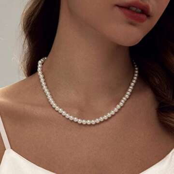 Zeffy Pearl Necklace for Women, 6MM Dainty Round Imitation Pearl Choker Necklace Wedding Pearl Neckl...