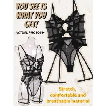 Kaei&Shi Teddy Lingerie for Women,Deep V Underwire Floral Embroidered Lace Bodysuit,Sexy Backless Cutout Thong One Piece Body Suit Petite Boudoir Black Small
