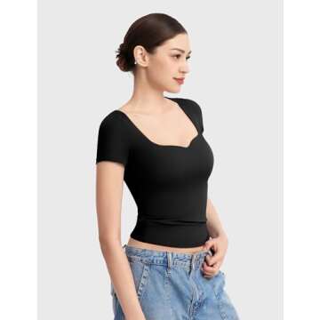 PUMIEY Womens Tops Short Sleeve Sweetheart Neck Going Out Top for Women Trendy Cute Summer T Shirts Slim Fitted Sexy Tee,Jet Black Medium