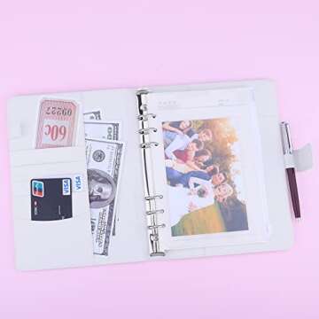 Antner A5 Notebook Photocard Binder 6 Ring Planner Binder for A5 Refill Paper, PU Leather Refillable A5 Budget Binder Loose Leaf Organizer Binder Cover with Magnetic Buckle for Budgeting, White