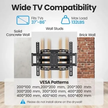 USX STAR UL Listed Full Motion TV Wall Mount Bracket for Most 37-86 inch TVs, Swivel Tilt Extension Level TV Mount, Max VESA 600x400mm, Holds up to 132lbs & 16" Wood Studs with Hole Drilling Template