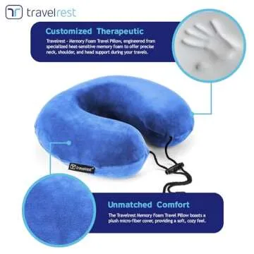 TRAVELREST Memory Foam Travel Pillow/Neck Pillow - Advanced Neck Support for Long Flights - Patented Design for Optimal Relaxation - Unmatched Sleep - Machine Washable - Blue