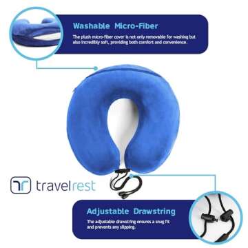 TRAVELREST Memory Foam Travel Pillow/Neck Pillow - Advanced Neck Support for Long Flights - Patented Design for Optimal Relaxation - Unmatched Sleep - Machine Washable - Blue