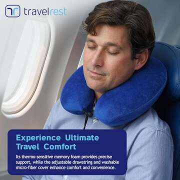 TRAVELREST Memory Foam Travel Pillow/Neck Pillow - Advanced Neck Support for Long Flights - Patented Design for Optimal Relaxation - Unmatched Sleep - Machine Washable - Blue