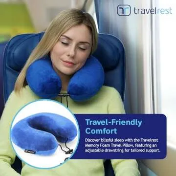 TRAVELREST Memory Foam Travel Pillow/Neck Pillow - Advanced Neck Support for Long Flights - Patented Design for Optimal Relaxation - Unmatched Sleep - Machine Washable - Blue