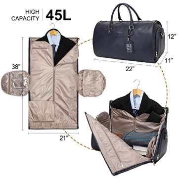 Modoker Women Convertible Leather Garment Bag with Shoulder Strap, PU Leather Garment Duffel Bag Carry on 2 in 1 Hanging Suitcase Suit Travel Bags, Blue