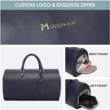 Modoker Women Convertible Leather Garment Bag with Shoulder Strap, PU Leather Garment Duffel Bag Carry on 2 in 1 Hanging Suitcase Suit Travel Bags, Blue