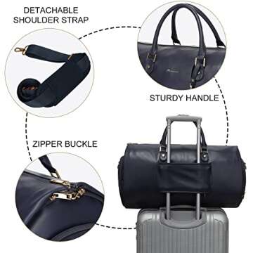 Modoker Women Convertible Leather Garment Bag with Shoulder Strap, PU Leather Garment Duffel Bag Carry on 2 in 1 Hanging Suitcase Suit Travel Bags, Blue