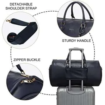 Modoker Women Convertible Leather Garment Bag with Shoulder Strap, PU Leather Garment Duffel Bag Carry on 2 in 1 Hanging Suitcase Suit Travel Bags, Blue