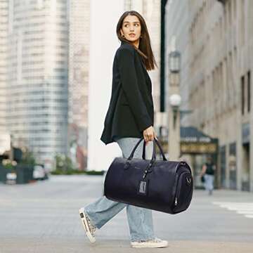 Modoker Women Convertible Leather Garment Bag with Shoulder Strap, PU Leather Garment Duffel Bag Carry on 2 in 1 Hanging Suitcase Suit Travel Bags, Blue