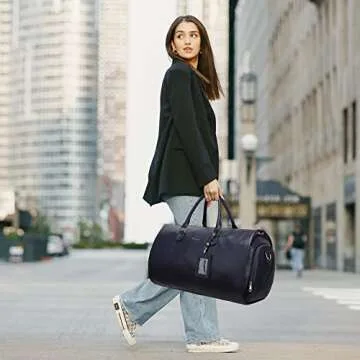 Modoker Women Convertible Leather Garment Bag with Shoulder Strap, PU Leather Garment Duffel Bag Carry on 2 in 1 Hanging Suitcase Suit Travel Bags, Blue