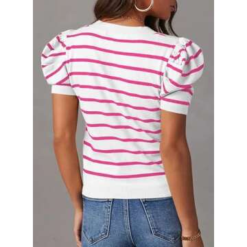 Dokotoo Summer Blouses for Women 2025 Trendy Crewneck Casual Pink Striped Shirts Pullover Puff Sleev...