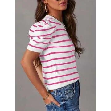 Dokotoo Summer Blouses for Women 2025 Trendy Crewneck Casual Pink Striped Shirts Pullover Puff Sleeve Color Block Knit Tops Business Casual Outfits Medium