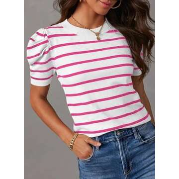 Dokotoo Summer Blouses for Women 2025 Trendy Crewneck Casual Pink Striped Shirts Pullover Puff Sleeve Color Block Knit Tops Business Casual Outfits Medium