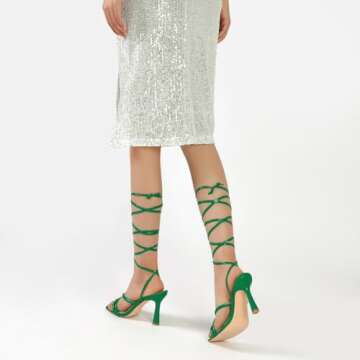 Mostrin Green Heels Strappy Heels for Women Lace Up Heels Sexy Tie Up Stiletto Heeled Sandals Square Open Toe High Heels for Prom, Party and Weddings Size 8