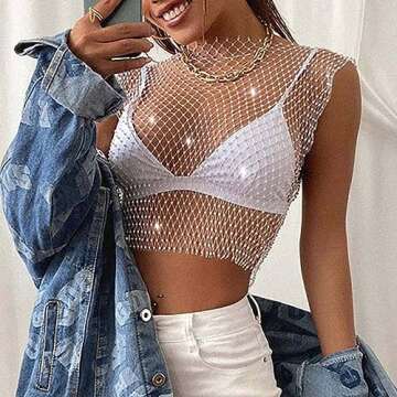 Yokawe Rhinestone Mesh Crop Top Black Crystal Sleeveless Cover Up Sparkly Fishnet Tank Tops See Through Bikini Body Chain Nightclub Rave Festival Body Accessories Jewelry for Women