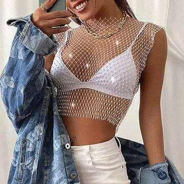 Yokawe Rhinestone Mesh Crop Top Black Crystal Sleeveless Cover Up Sparkly Fishnet Tank Tops See Through Bikini Body Chain Nightclub Rave Festival Body Accessories Jewelry for Women