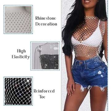 Yokawe Rhinestone Mesh Crop Top Black Crystal Sleeveless Cover Up Sparkly Fishnet Tank Tops See Through Bikini Body Chain Nightclub Rave Festival Body Accessories Jewelry for Women