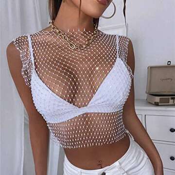 Yokawe Rhinestone Mesh Crop Top Black Crystal Sleeveless Cover Up Sparkly Fishnet Tank Tops See Through Bikini Body Chain Nightclub Rave Festival Body Accessories Jewelry for Women