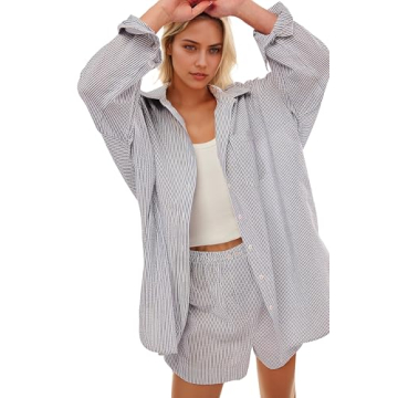 YUENIU Women's Striped Button Down Casual V Neck Shirt with Pockets