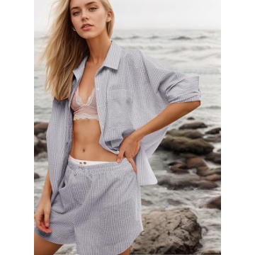 Stylish YUENIU Women’s Striped Button Down Shirt