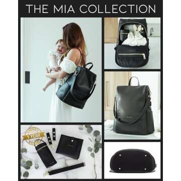 MIA + SOPHIA Leather Diaper Bag Backpack with Changing Pad, Stroller Straps, Bottle Holder (Black Mi...