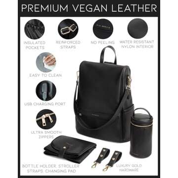 MIA + SOPHIA Leather Diaper Bag Backpack with Changing Pad, Stroller Straps, Bottle Holder (Black Mia)