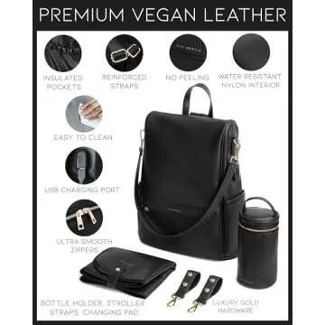 MIA + SOPHIA Leather Diaper Bag Backpack with Changing Pad, Stroller Straps, Bottle Holder (Black Mia)