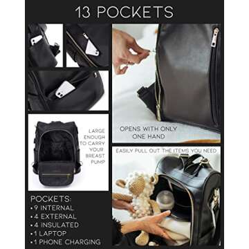 MIA + SOPHIA Leather Diaper Bag Backpack with Changing Pad, Stroller Straps, Bottle Holder (Black Mia)