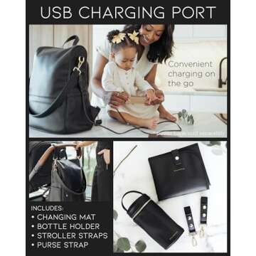 MIA + SOPHIA Leather Diaper Bag Backpack with Changing Pad, Stroller Straps, Bottle Holder (Black Mia)