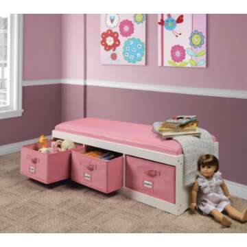 Badger Basket Kids’ Storage Bench with Cushion and 3 Bins – White with Pink, Durable and Comfort...