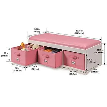Badger Basket Kids’ Storage Bench with Cushion and 3 Bins – White with Pink, Durable and Comfortable Seating