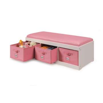 Badger Basket Kids’ Storage Bench with Cushion and 3 Bins – White with Pink, Durable and Comfortable Seating