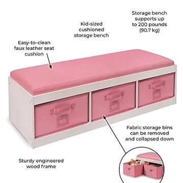 Badger Basket Kids’ Storage Bench with Cushion and 3 Bins – White with Pink, Durable and Comfortable Seating