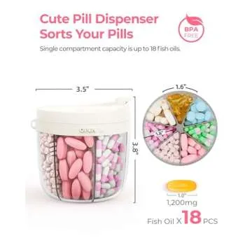 AMOOS Cute Pill Dispenser with 7 Large Compartments, Portable Pill Bottle Organizer with Wide Openin...