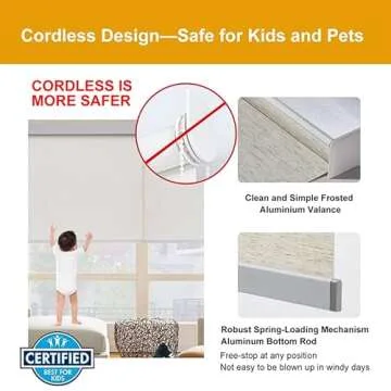 Persilux Free-Stop Cordless Window Blinds Light Filtering Roller Shades for Windows (Cream 34" W x 64" H) Natural Woven Fabric UV Protection Thermal Insulation Roller Blinds for Windows, Home, Door