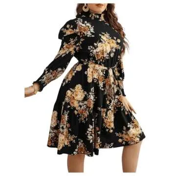 Floerns Women's Mock Neck Long Sleeve Floral Print Ruffle Short Dress