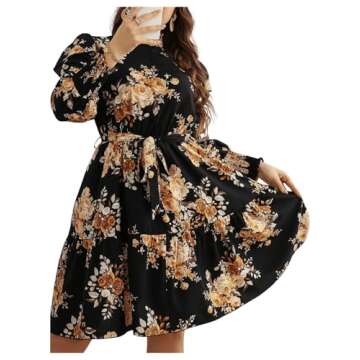 Floerns Women's Mock Neck Long Sleeve Floral Print Ruffle Short Dress