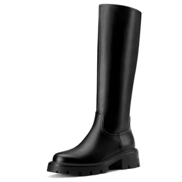 DearOnly Womens Wide Calf Knee High Boots Round Toe Platform Chunky Heel Boots Side Zipper Lug Sole ...