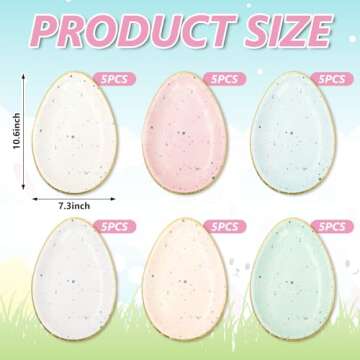 Whaline 30Pcs Easter Paper Plate Gold Foil Egg Shape Disposable Plate 6 Pastel Colors Dinnerware Pla...