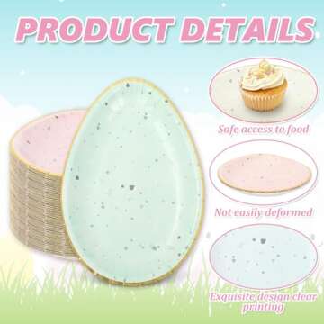 Whaline 30Pcs Easter Paper Plate Gold Foil Egg Shape Disposable Plate 6 Pastel Colors Dinnerware Plate for Party Supplies Table Decor, 10.6 x 7.3 Inch