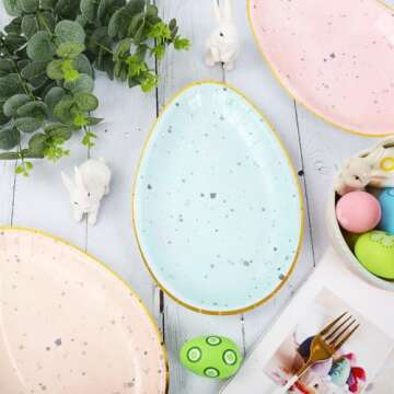Whaline 30Pcs Easter Paper Plate Gold Foil Egg Shape Disposable Plate 6 Pastel Colors Dinnerware Plate for Party Supplies Table Decor, 10.6 x 7.3 Inch