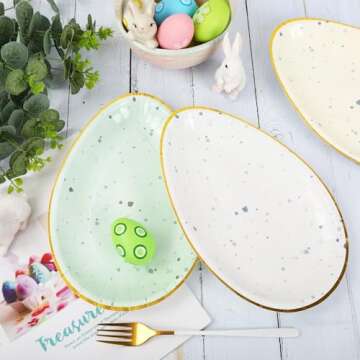 Whaline 30Pcs Easter Paper Plate Gold Foil Egg Shape Disposable Plate 6 Pastel Colors Dinnerware Plate for Party Supplies Table Decor, 10.6 x 7.3 Inch