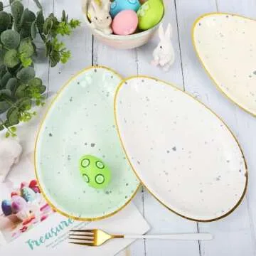 Whaline 30Pcs Easter Paper Plate Gold Foil Egg Shape Disposable Plate 6 Pastel Colors Dinnerware Plate for Party Supplies Table Decor, 10.6 x 7.3 Inch