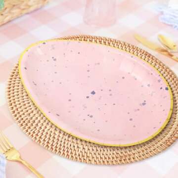 Whaline 30Pcs Easter Paper Plate Gold Foil Egg Shape Disposable Plate 6 Pastel Colors Dinnerware Plate for Party Supplies Table Decor, 10.6 x 7.3 Inch