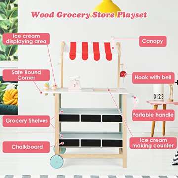 HONEY JOY Kids Ice Cream Cart, Wooden Grocery Store Playset w/6 Pieces Play Food, Realistic Bell & F...