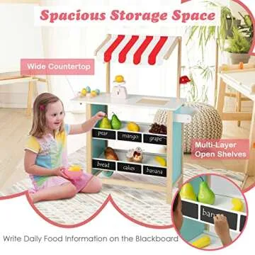 HONEY JOY Kids Ice Cream Cart, Wooden Grocery Store Playset w/6 Pieces Play Food, Realistic Bell & Food Scale, Chalkboard, Pretend Play Dessert Shop Counter Stand Truck, Gift for Boys Girls