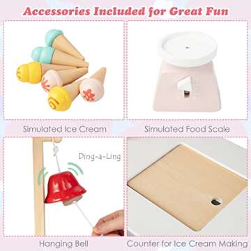 HONEY JOY Kids Ice Cream Cart, Wooden Grocery Store Playset w/6 Pieces Play Food, Realistic Bell & Food Scale, Chalkboard, Pretend Play Dessert Shop Counter Stand Truck, Gift for Boys Girls