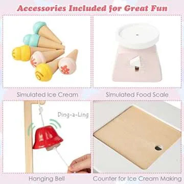 HONEY JOY Kids Ice Cream Cart, Wooden Grocery Store Playset w/6 Pieces Play Food, Realistic Bell & Food Scale, Chalkboard, Pretend Play Dessert Shop Counter Stand Truck, Gift for Boys Girls