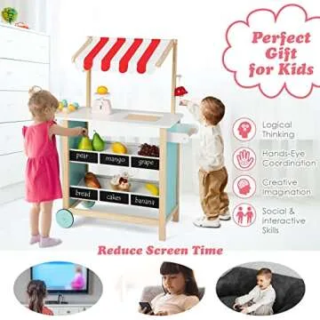 HONEY JOY Kids Ice Cream Cart, Wooden Grocery Store Playset w/6 Pieces Play Food, Realistic Bell & Food Scale, Chalkboard, Pretend Play Dessert Shop Counter Stand Truck, Gift for Boys Girls